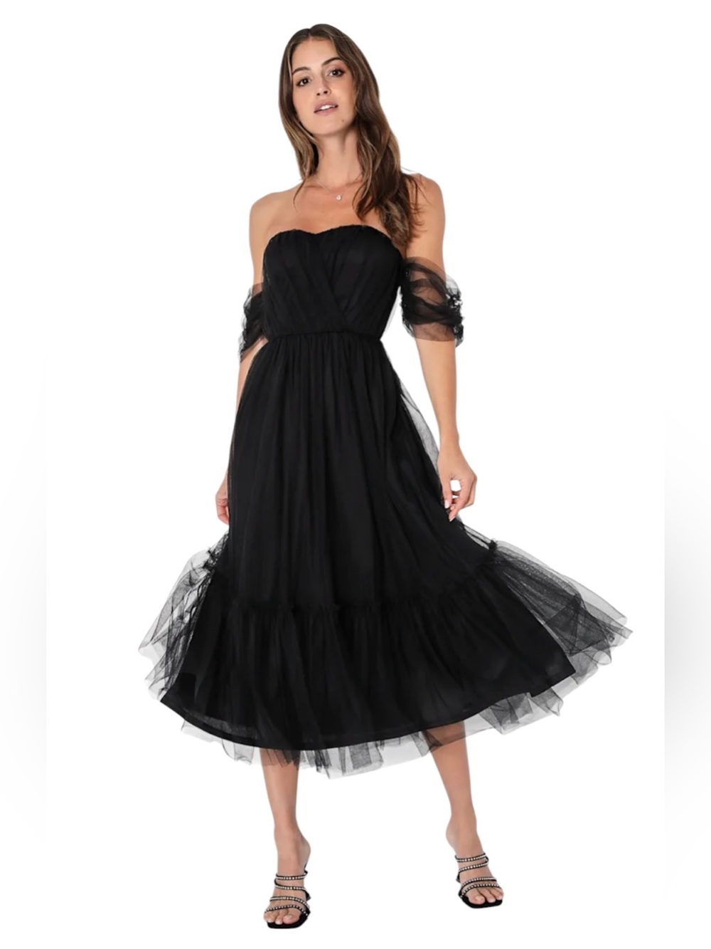 Lulu's Black Strapless Tulle Midi Dress